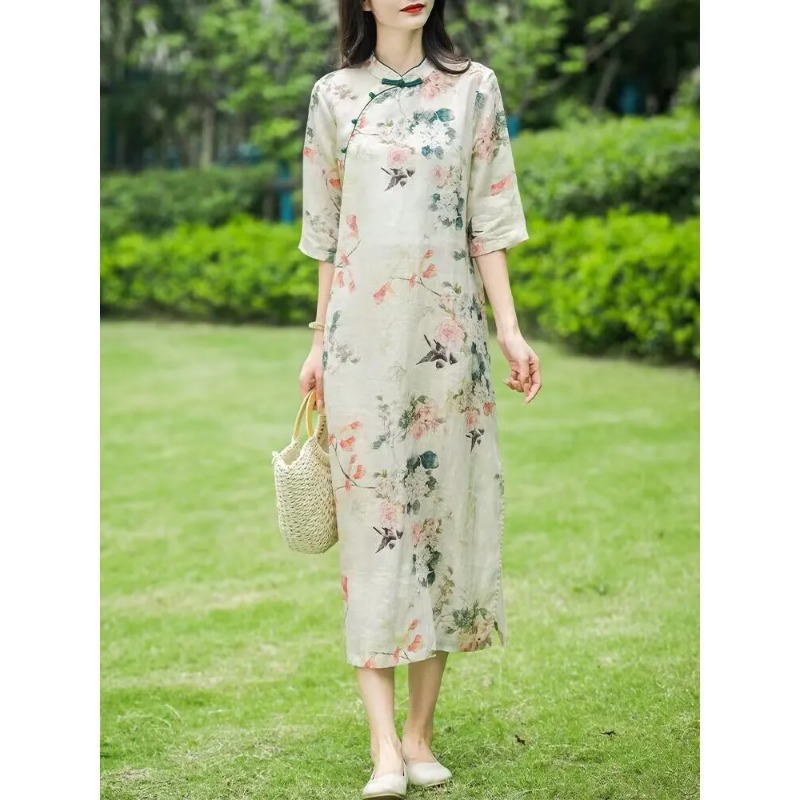 Midi Skirt Floral - Abito Cheongsam in Lino Stile Cinese