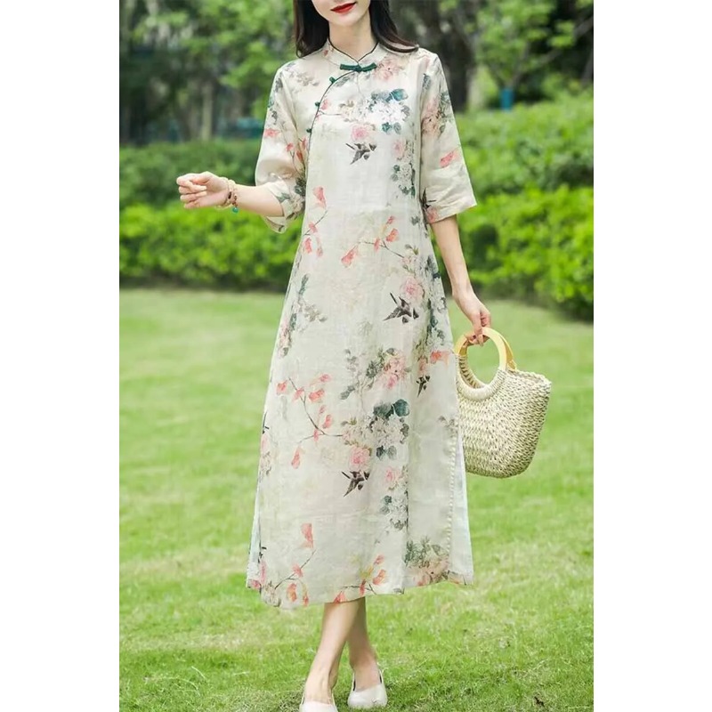 Abito Cheongsam in Lino Stile  - Midi Skirt Floral recensione e prezzo